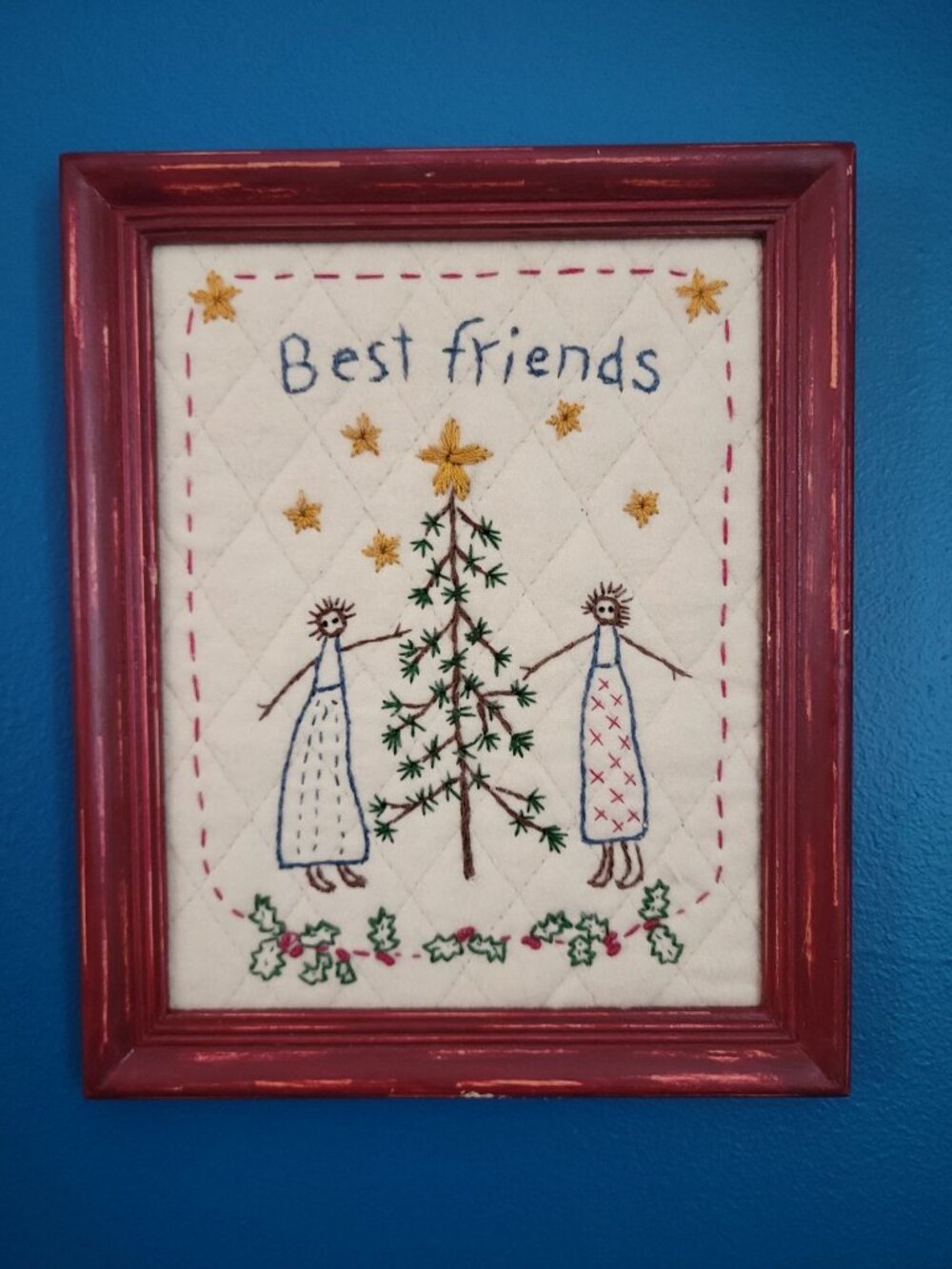 Best Friends Christmas Tree Quilted Embroidery Piece, 7x9" Holiday Vintage Handm